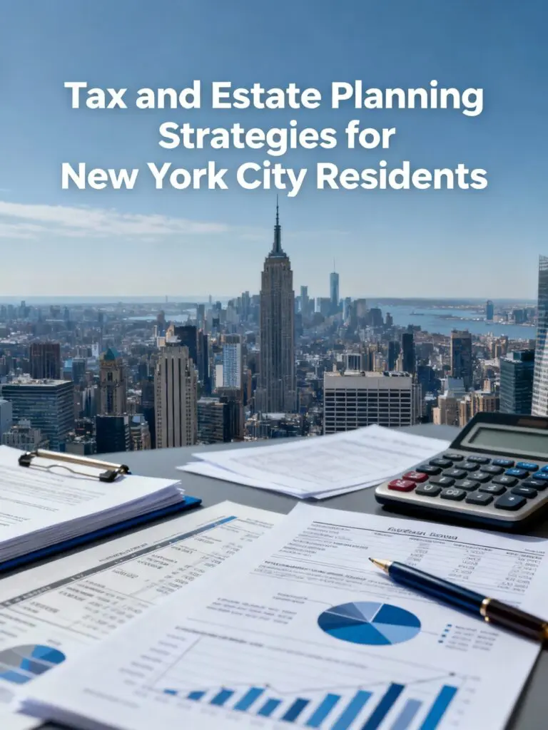 Tax and estate planning guide for New York City residents with city skyline background.