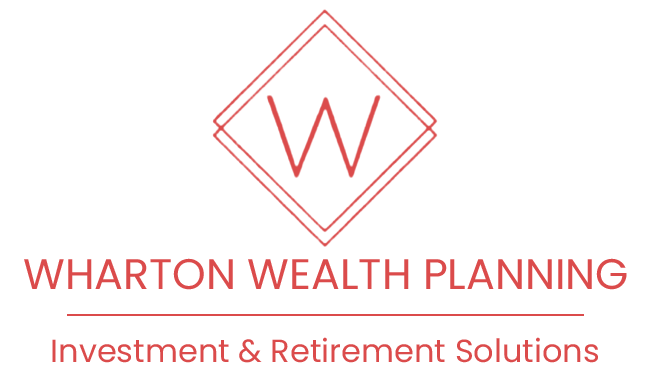 A red and white logo for the wharton wealth plan.